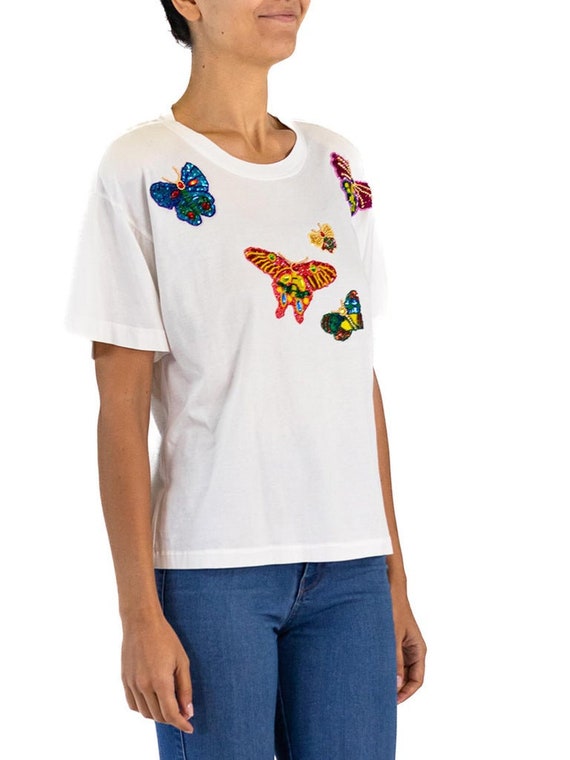 1990S Escada White Cotton Jersey Butterfly Sequin… - image 3