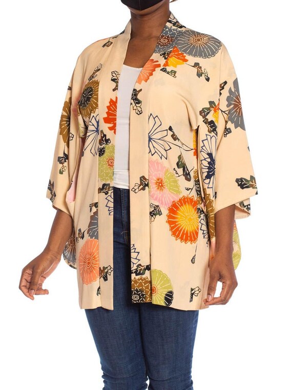 1950S Beige Silk Crepe Hand Painted Ombré Deco Flo