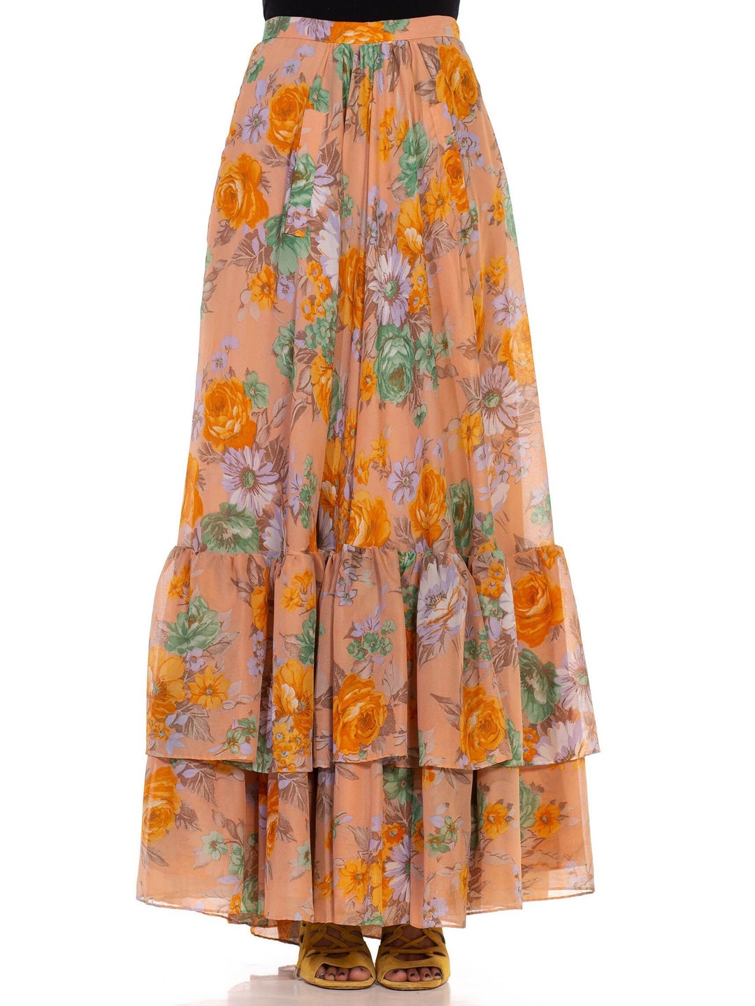 1970S Dusty Pink Orange Green Floral Tiered Ruffle Skirt - Etsy