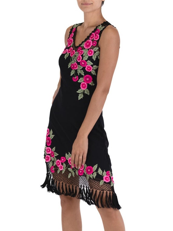 1990S Black Dress With Pink Embroidered Flower De… - image 2