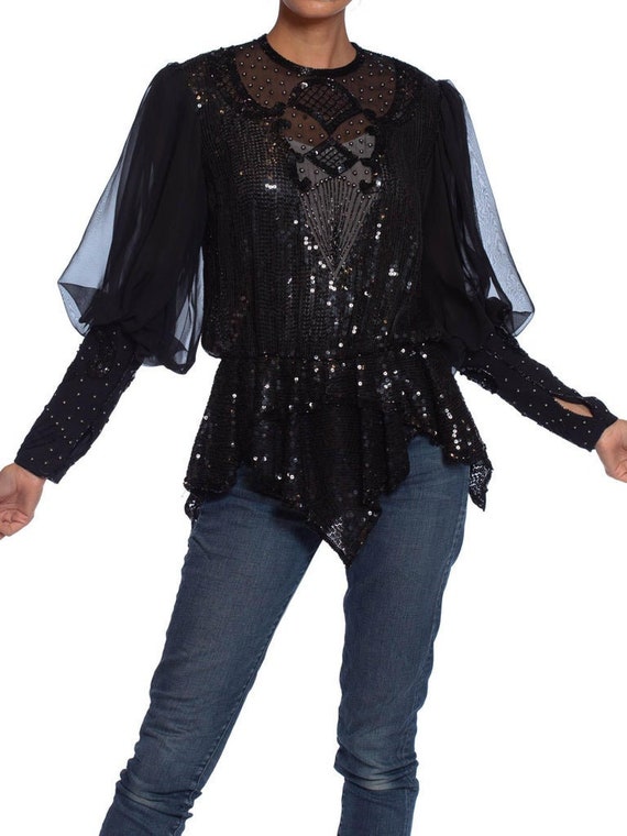 1980S Black Silk Poly Chiffon Beaded Victorian St