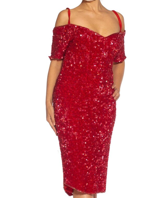 1980S Red Silk Sequin Encrusted Cocktail Dress - image 3