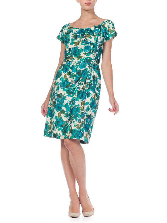 1950S Teal Floral Print Cotton Draped Bodice Dres… - image 1
