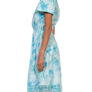 1980S Lilly Pulitzer Light Blue Floral Print Cotton Basket Weave Hem Dress With Elastic Waist image 2