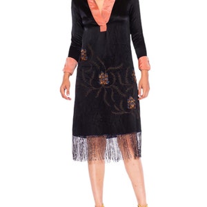 1920S Morphew Collection Black Pink Silk Faille Embroidered Dress With Beaded Fringe image 1