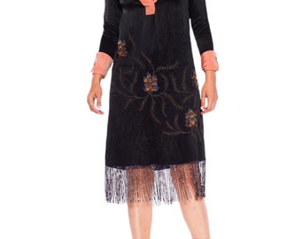 1920S Morphew Collection Black  Pink Silk Faille Embroidered Dress With Beaded Fringe