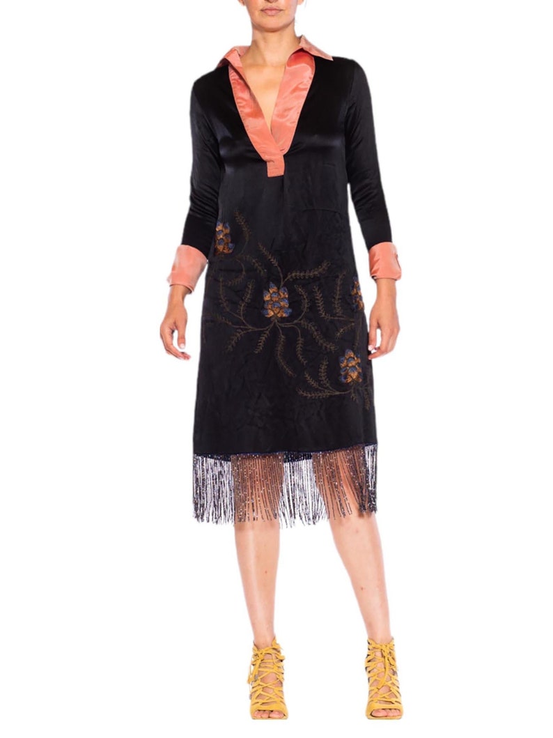 1920S Morphew Collection Black Pink Silk Faille Embroidered Dress With Beaded Fringe image 1