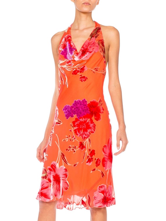 1990S Pink & Orange Bias Cut Rayon Silk Burnout Ve