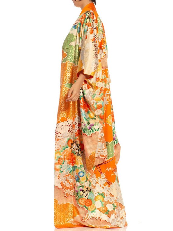 1940S Orange, Green  Metallic Gold Floral Silk Ki… - image 3