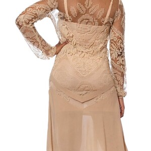 1920S Beige Handmade Lace Silk Chiffon Dress With Long Sleeves image 8