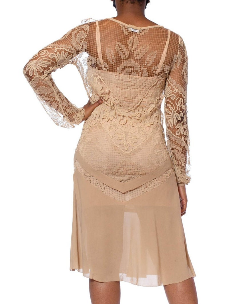 1920S Beige Handmade Lace Silk Chiffon Dress With Long Sleeves image 8