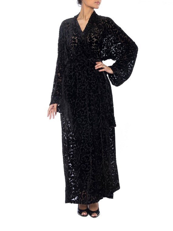 1920S Black Silk Burnout Velvet Wrap Robe With Int