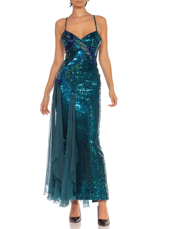 1970s Loris Azzaro Teal Metallic Silk Chiffon Sequin Beaded Sea Goddess Gown