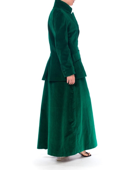 1970S Green Cotton Velvet Maxi Skirt Suit XL - image 2