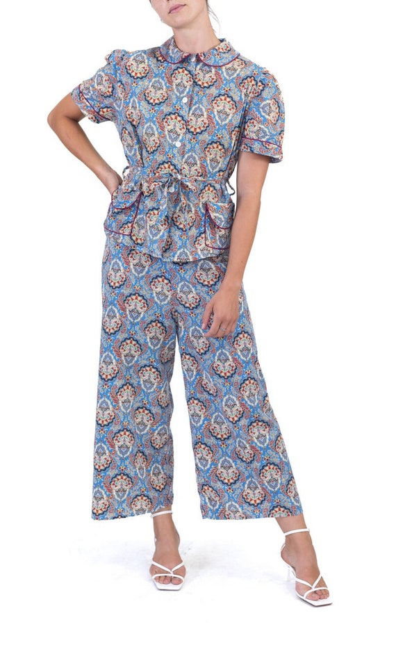 1940S Blue Cold Rayon Paisley Pajamas - image 7