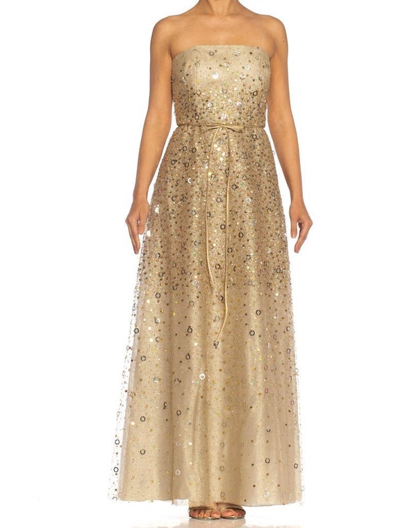 Small 1990s Pilar Rossi Lace Dress Metallic Gold Lamé Portrait Collar