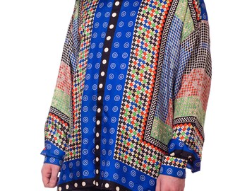 1990S GIANNI VERSACE Multicolor Geometric Silk Men's Shirt Sz 52