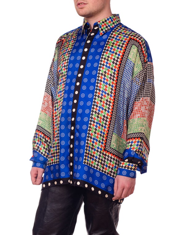 1990S GIANNI VERSACE Multicolor Geometric Silk Men's Shirt Sz 52