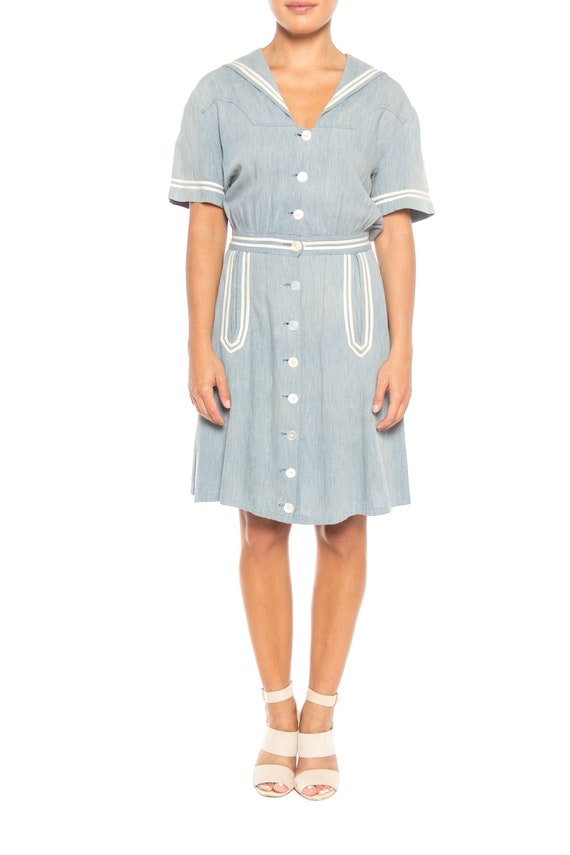 1930S Organic Cotton Chambray Sailor Day Dress