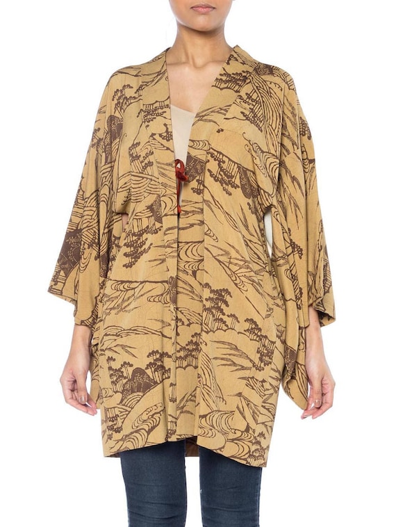 1940S Beige & Brown With Asian Landscape Print Ki