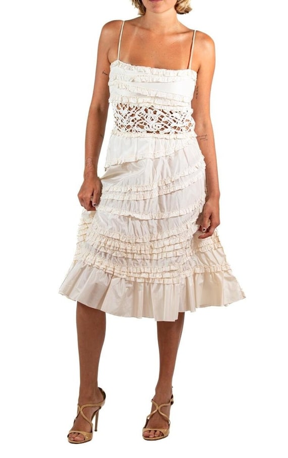 1990S Valentino Cream Ruffled Silk Taffeta Lace Cocktail Dress 1990S Valentino Cream Ruffled Silk Taffeta Lace Cocktail Dress