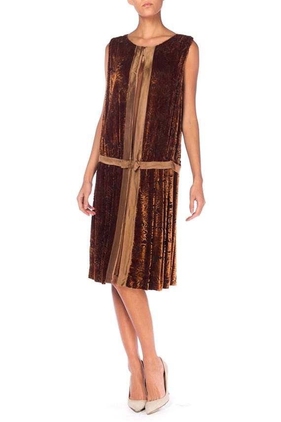 1920S Caramel Brown Silk Floral Burnout Velvet Coc