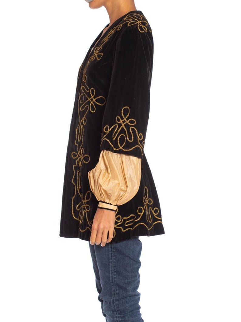 1900S Antique Black Cotton Velvet Medieval Theatrical Costume Jacket With Gold Braid Details image 3