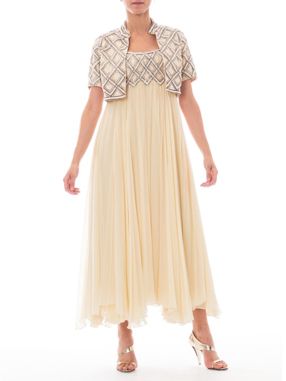 1960S Cream Beaded Silk Chiffon Empire Waist Gown… - image 1