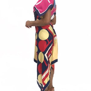 MORPHEW COLLECTION Pink & Blue Silk Poly Bias Cut Scarf Kaftan Dress Made From 1970'S Geometric Scarves image 3