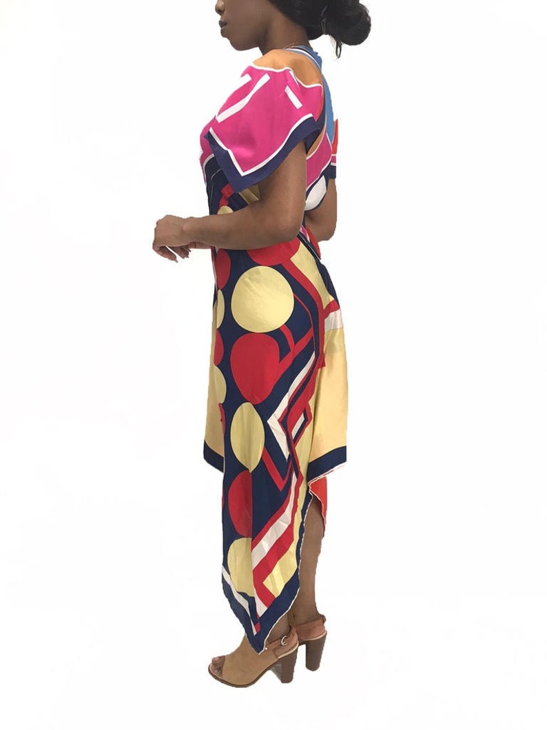 MORPHEW COLLECTION Pink & Blue Silk Poly Bias Cut Scarf Kaftan Dress Made From 1970'S Geometric Scarves image 3