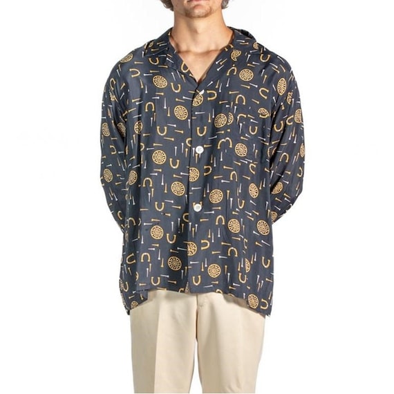 1940S Navy Blue  Yellow Rayon Mens Pajamas - image 2