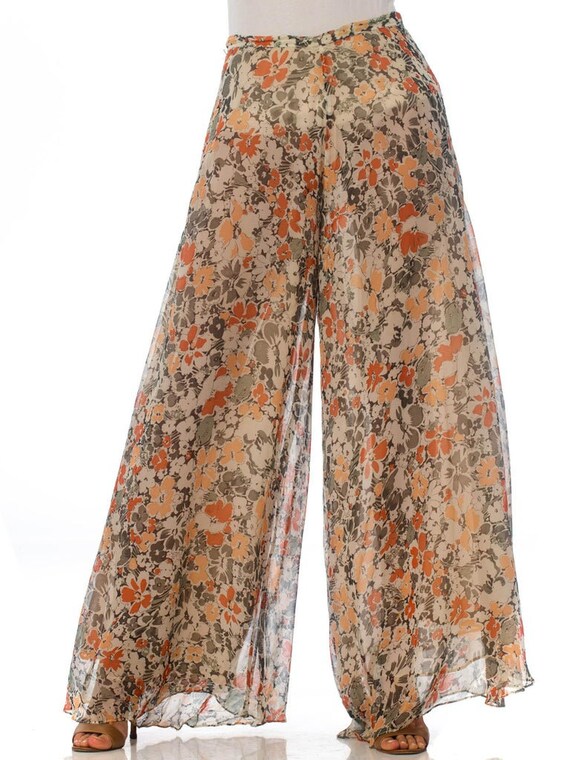 1970'S Floral Chiffon Wide-Leg Palazzo Pants - image 2