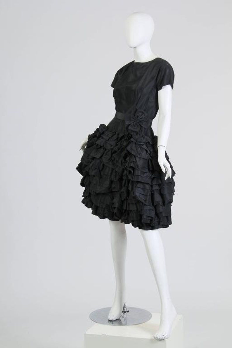 1950S PAULA WHITNEY Black Haute Couture Silk Taffeta Amazing Ruffled Poof Ball Skirt Cocktail Dress image 5