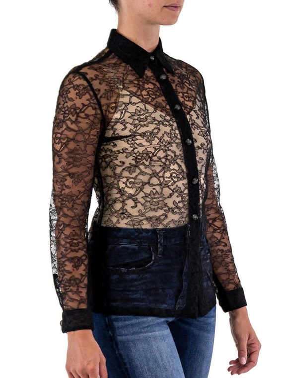 1990S Gianni Versace Black Lace Blouse Gem