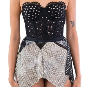 Morphew Atelier Black Silver Metal Mesh Punky Crystal Studded Bustier Cocktail Dress image 6