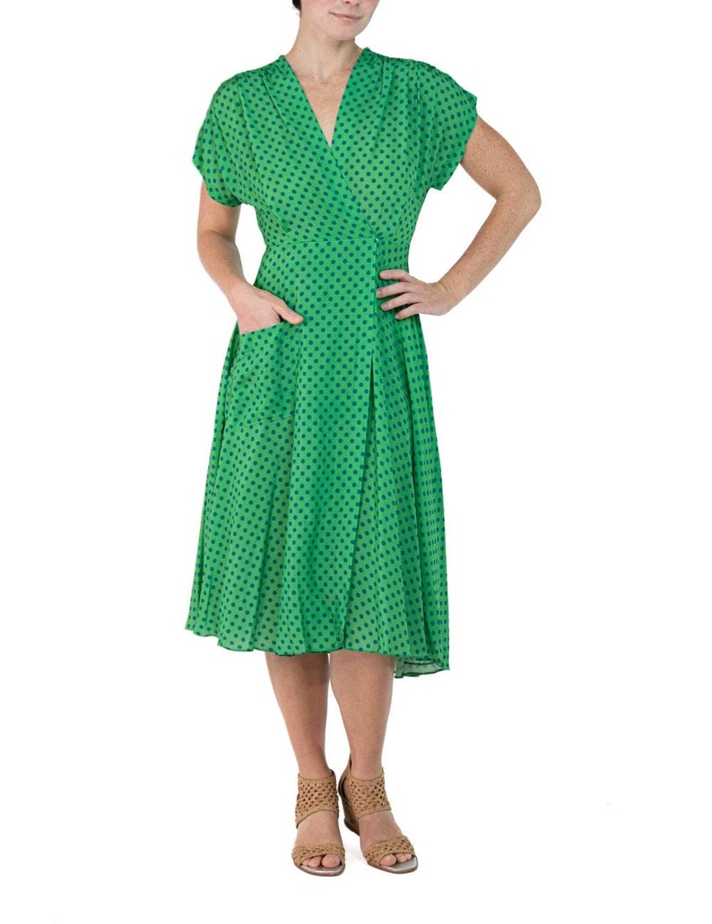 Morphew Collection Green & Blue Polka Dot Novelty Print Cold Rayon Bias Dress Master Medium image 4