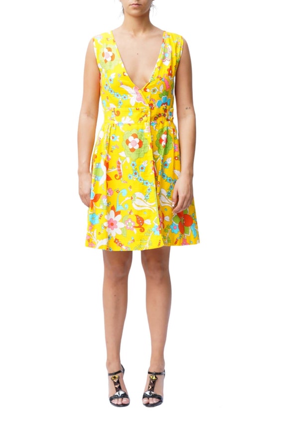 1970S Yellow Floral Print Wrap Dress