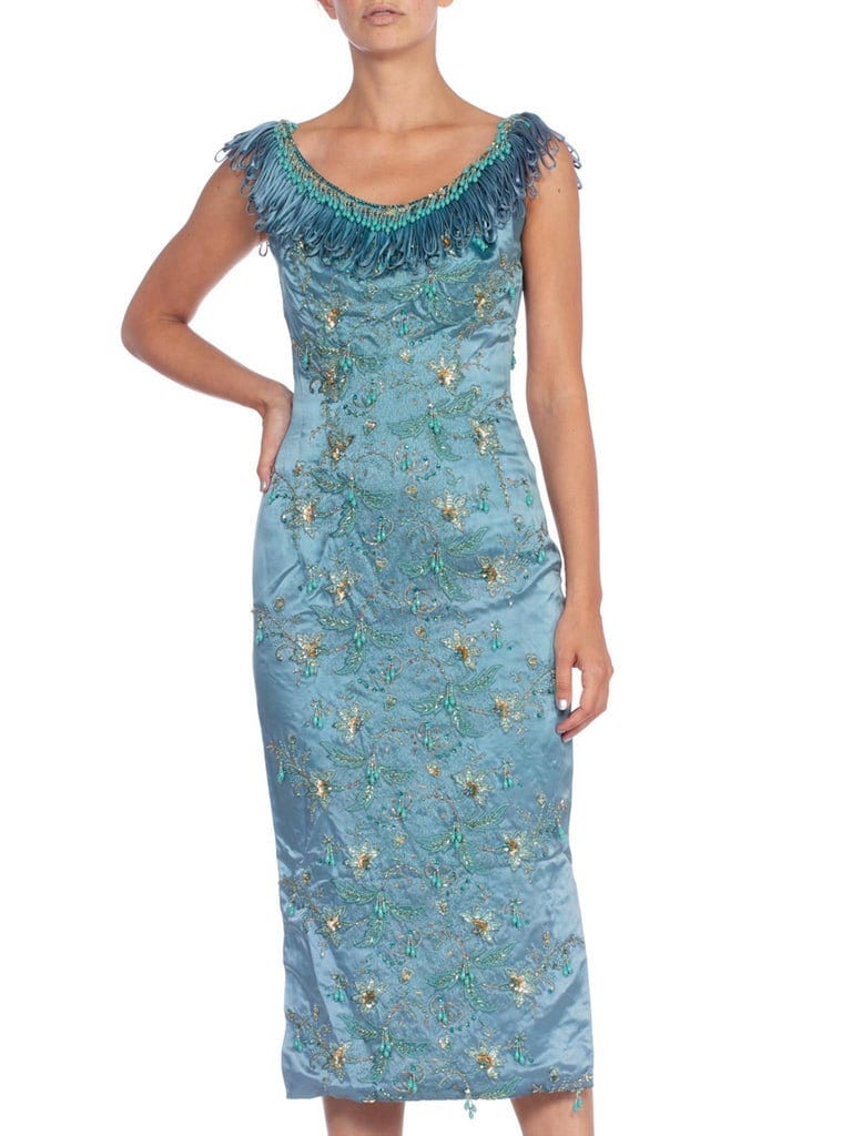 1950's Balmain Style Turquoise Haute Couture Silk Duchess Satin Embroidered With Crystals & Fringe Cocktail Dress