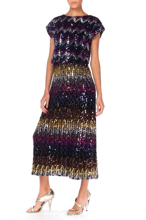 1970S Purple & Blue Sequined Polyester Knit Rainbo