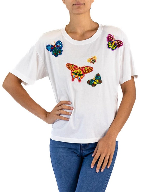 1990S Escada White Cotton Jersey Butterfly Sequin… - image 5