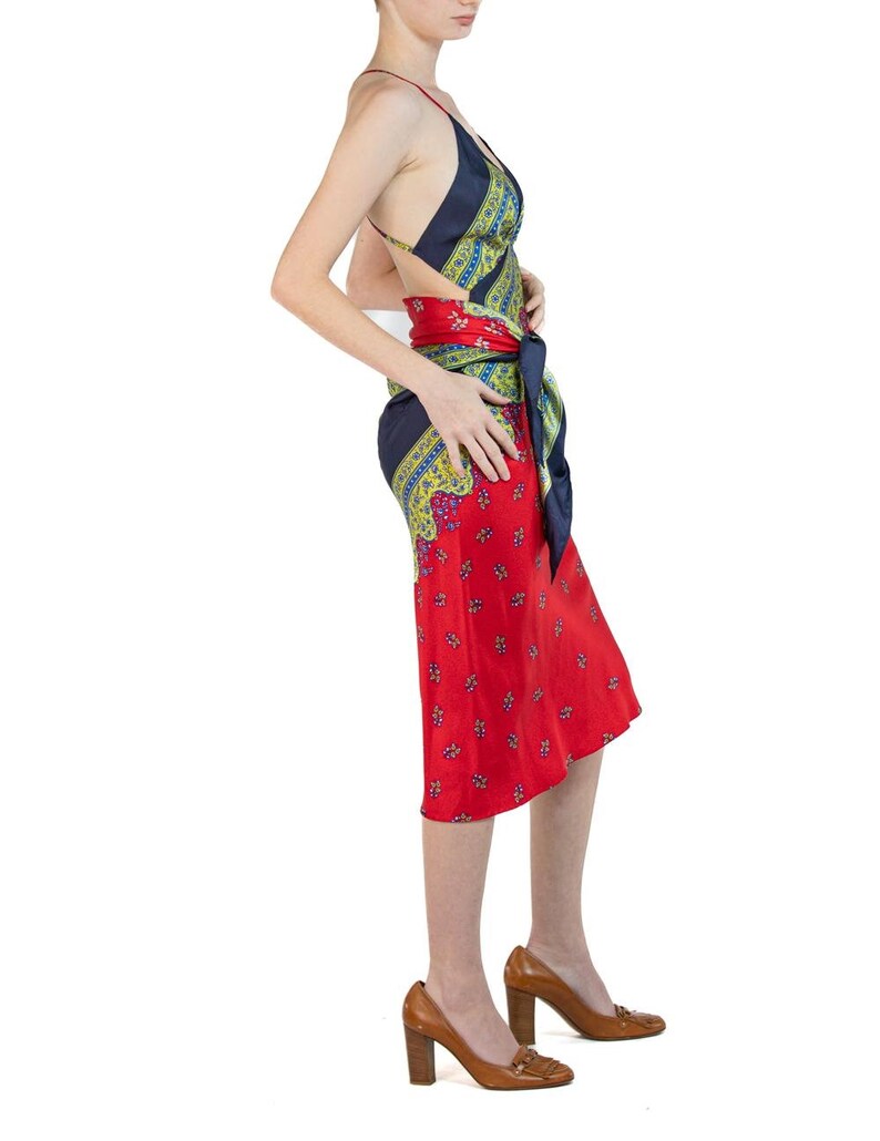 Morphew Collection Navy Blue, Lime Green Red Silk Twill Floral Ditsy Print Scarf Dress Made From Vintage Scarves Bild 3