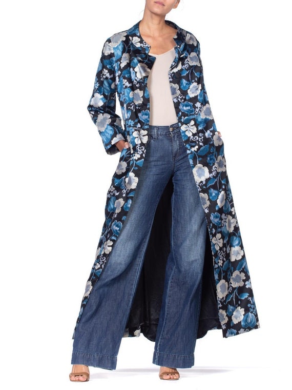 1950S Black & Blue Couture Grade Floral Silk Sati… - image 7