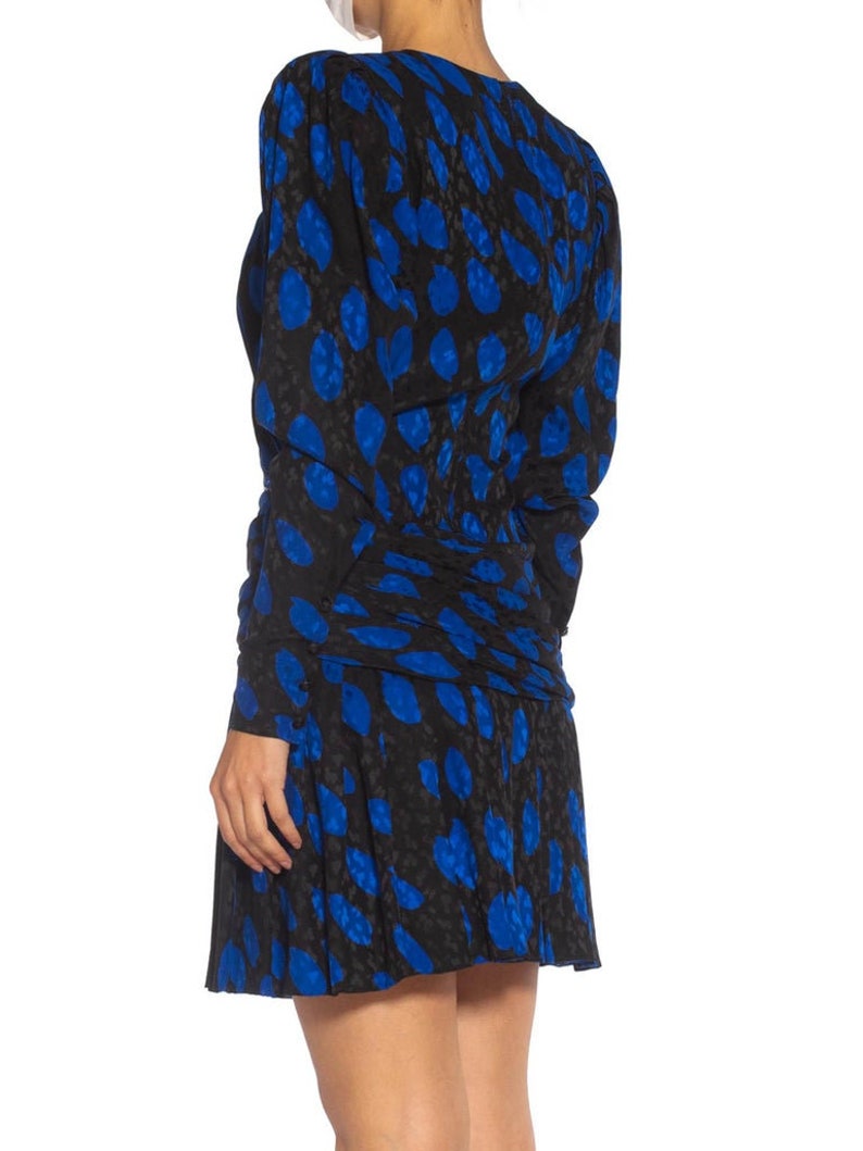 1980S Givenchy Black Blue Haute Couture Silk Jacquard Draped Cocktail Dress With Sleeves image 10