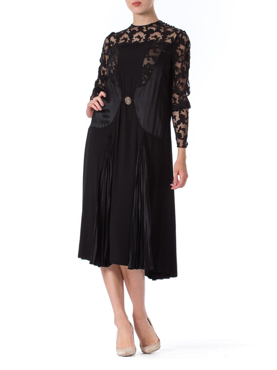 1920S Black Silk Crepe & Appliquéd Net Dress With… - image 1