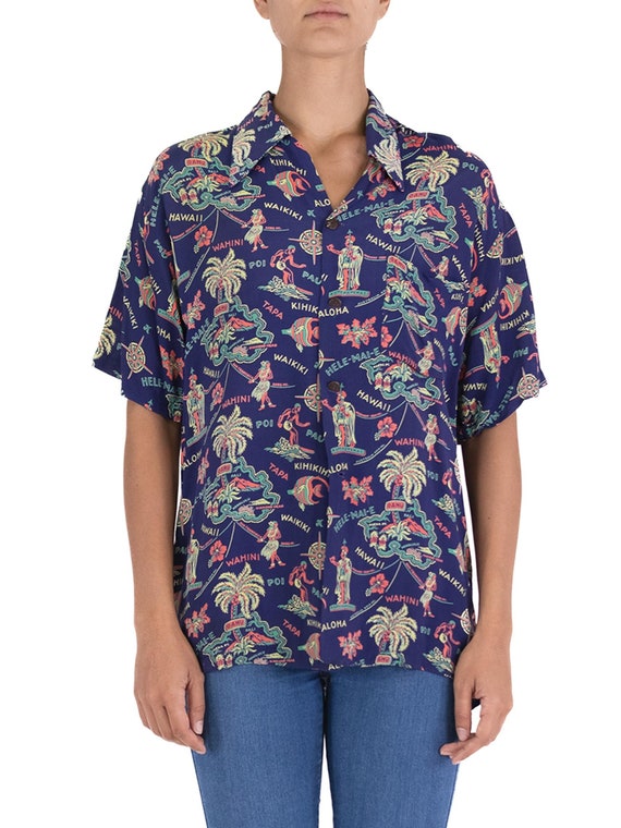 1940S Navy Blue Cold Rayon Made In Hawaii Tropical