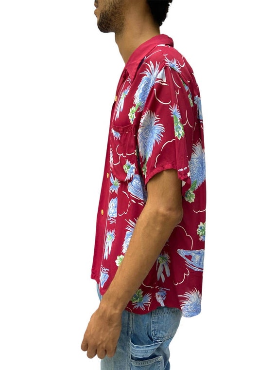1940S Sandy Mac Donald Burgundy Floral Rayon Hawaiian Shirt 