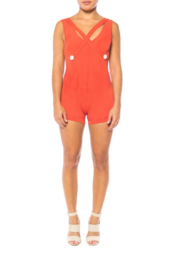 1930S Red Orange Rayon Bathing Suit With Buttons S