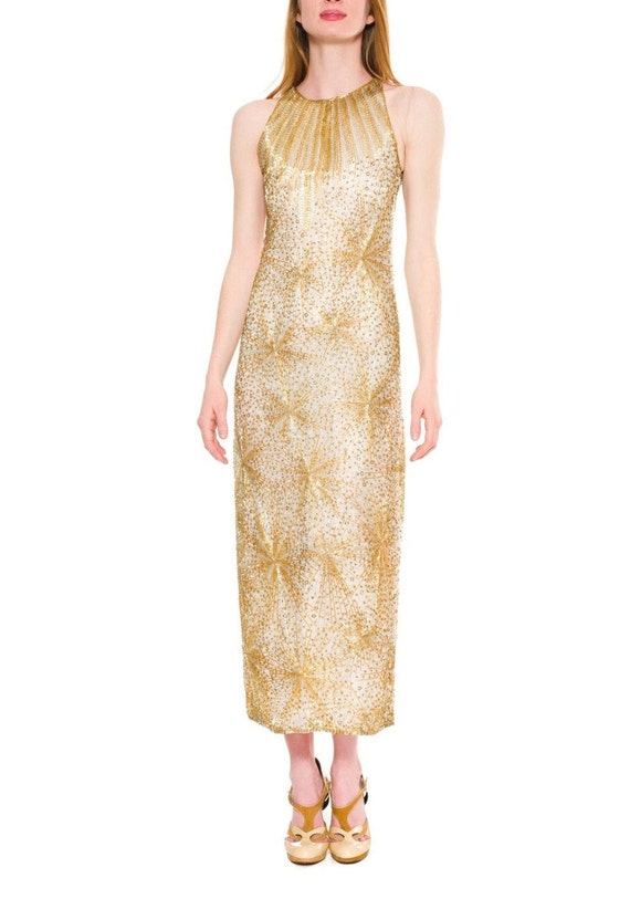 1970S Halston Gold Beaded Silk Firecracker Gown