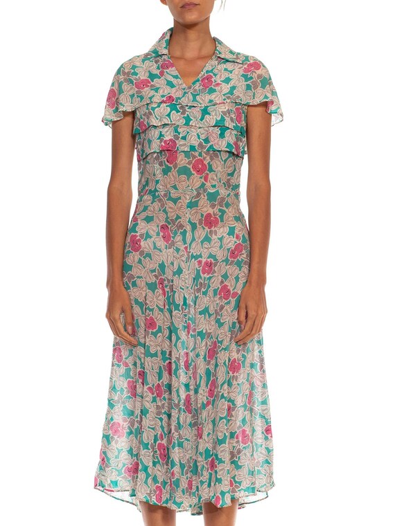 1940S Teal  White Floral Print Rayon Chiffon Dress