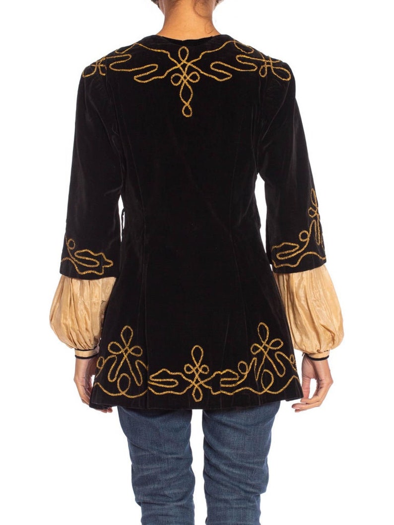 1900S Antique Black Cotton Velvet Medieval Theatrical Costume Jacket With Gold Braid Details image 4